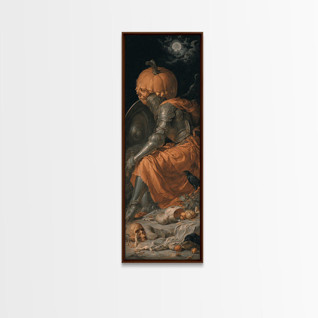 The Pumpkin Paladin, Gothic Nightmare Art, Tall Narrow Wall Art, Macabre Wall Art, Framed Canvas Print, Halloween Wall Art