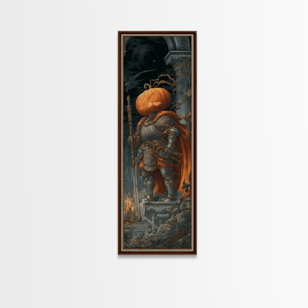 The Pumpkin Paladin, Architectural Etching Art, Tall Narrow Wall Art, Macabre Wall Art, Framed Canvas Print, Halloween Decor