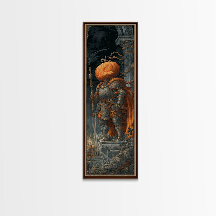 The Pumpkin Paladin, Architectural Etching Art, Tall Narrow Wall Art, Macabre Wall Art, Framed Canvas Print, Halloween Decor