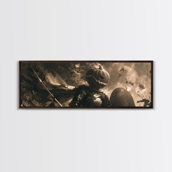 The Pumpkin Paladin, Symbolist Dream Art, Extra Wide Wall Art, Macabre Wall Art, Framed Canvas Print, Halloween Wall Art