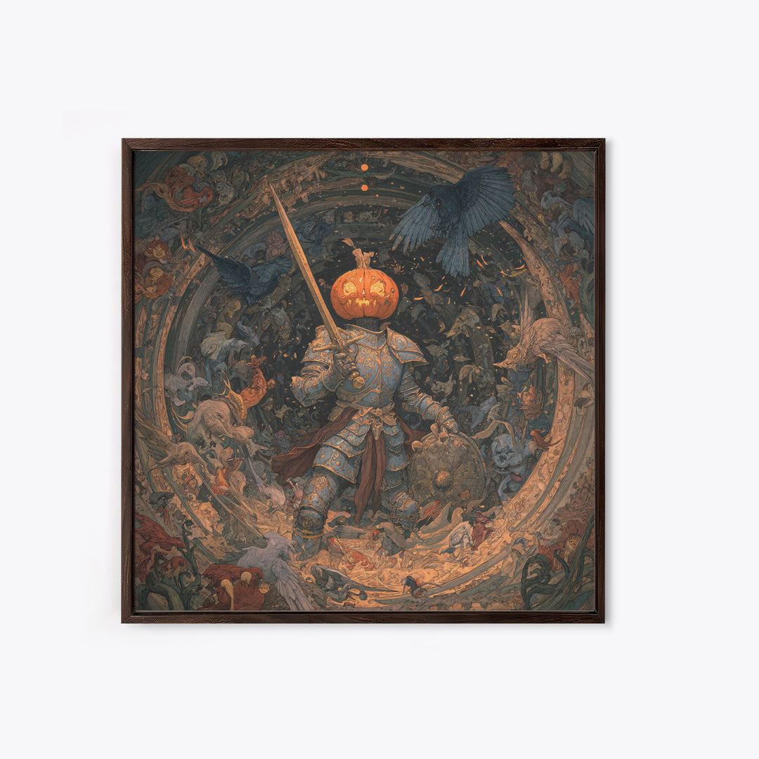 The Pumpkin Paladin, Ornate Symbolist Art, Square Wall Art, Dark Fantasy Wall Art, Canvas Print, Halloween Wall Art, Horror Wall Art