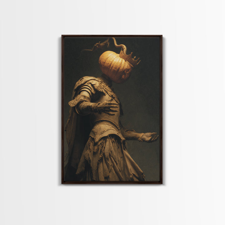 The Pumpkin Paladin, Dark Symbolist Art, Vertical Wall Art, Dark Fantasy Wall Art, Framed Canvas Print, Halloween Wall Art
