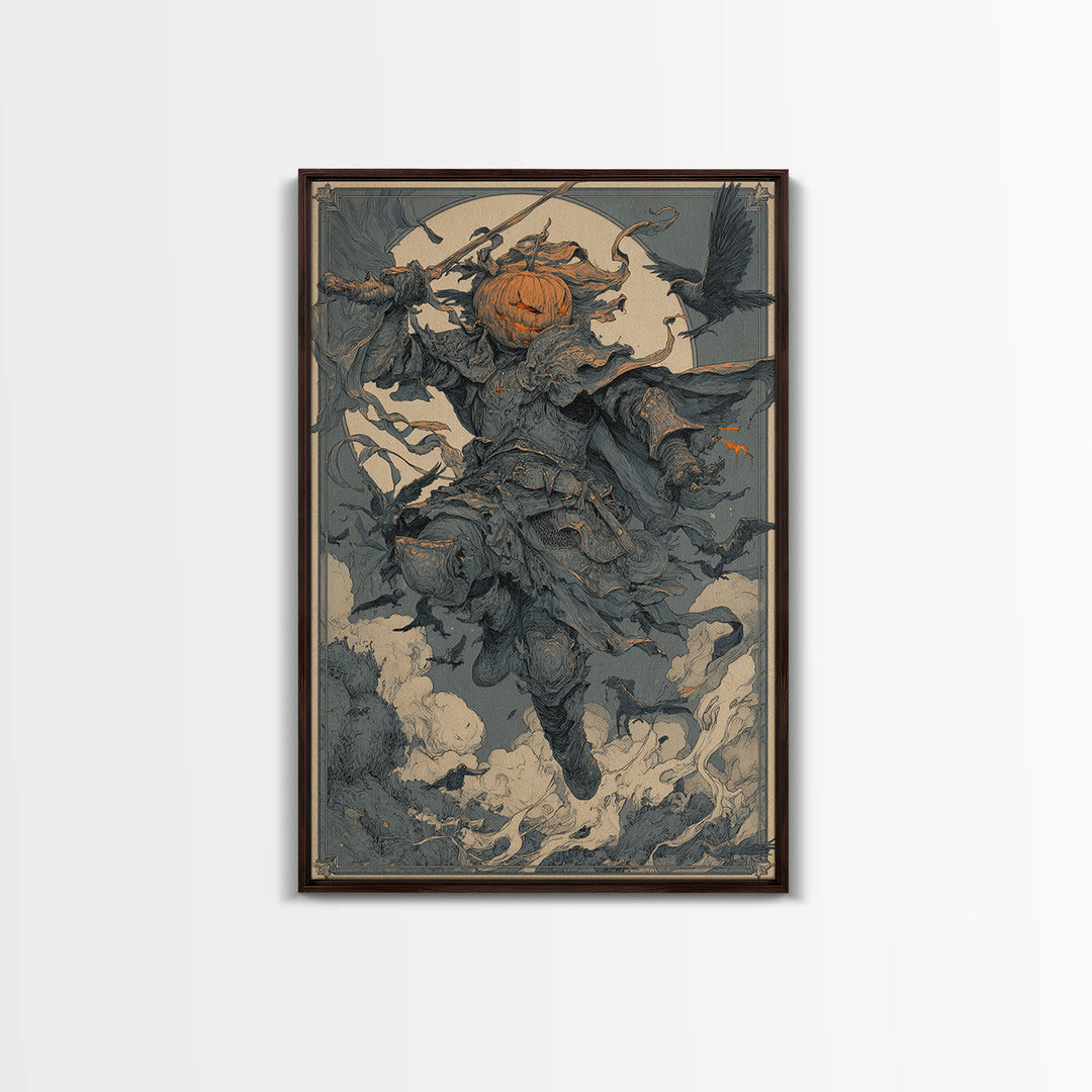 The Pumpkin Paladin, Symbolist Etching Art, Vertical Wall Art, Macabre Wall Art, Canvas Print, Halloween Wall Art, Seasonal Home Decor