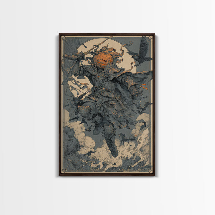 The Pumpkin Paladin, Symbolist Etching Art, Vertical Wall Art, Macabre Wall Art, Canvas Print, Halloween Wall Art, Seasonal Home Decor