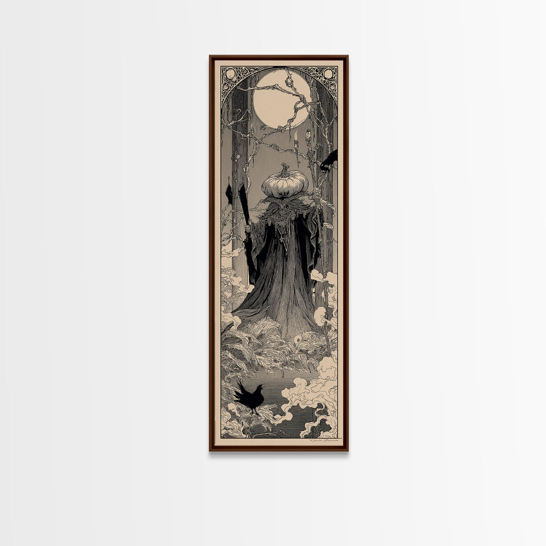 The Pumpkin Paladin, Decadent Line Art, Tall Narrow Wall Art, Gothic Horror Wall Art, Framed Canvas Print, Halloween Wall Art