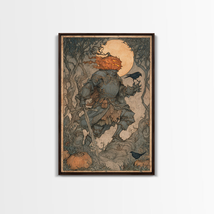 The Pumpkin Paladin, Gothic Storybook Art, Vertical Wall Art, Gothic Horror Wall Art, Canvas Print, Halloween Wall Art