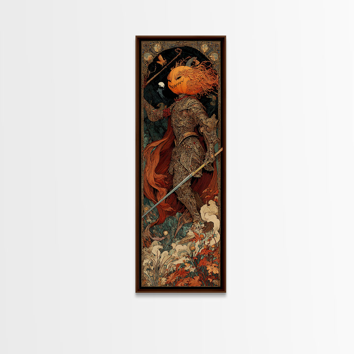The Pumpkin Paladin, Stained Glass Gothic Art, Tall Narrow Wall Art, Dark Fantasy Wall Art, Canvas Print, Halloween Wall Art