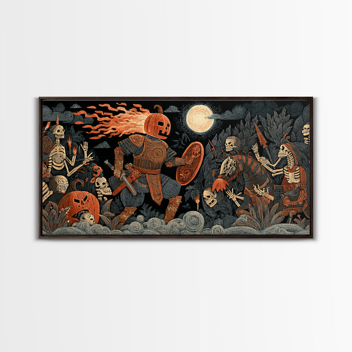 The Pumpkin Paladin, Macabre Folk Print Art, Wide Panoramic Art, Macabre Wall Art, Framed Canvas Print, Halloween Wall Art