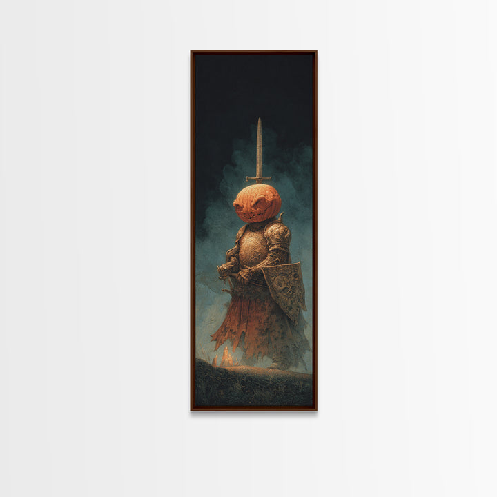 The Pumpkin Paladin, Surreal Apocalyptic Art, Tall Narrow Wall Art, Dark Fantasy Wall Art, Framed Canvas Print, Halloween Wall Art