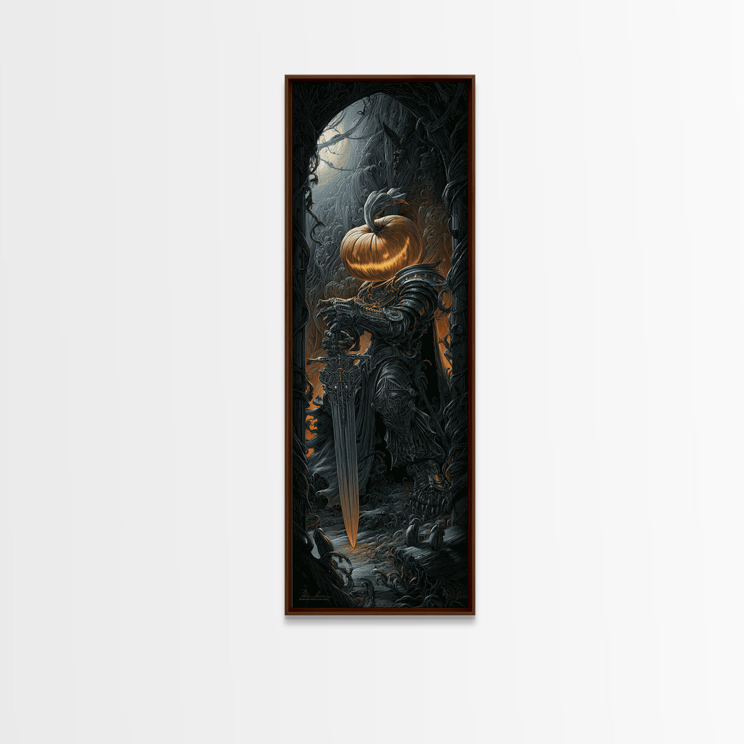 The Pumpkin Paladin, Biomechanical Horror Art, Tall Narrow Wall Art, Dark Fantasy Wall Art, Canvas Print, Halloween Wall Art