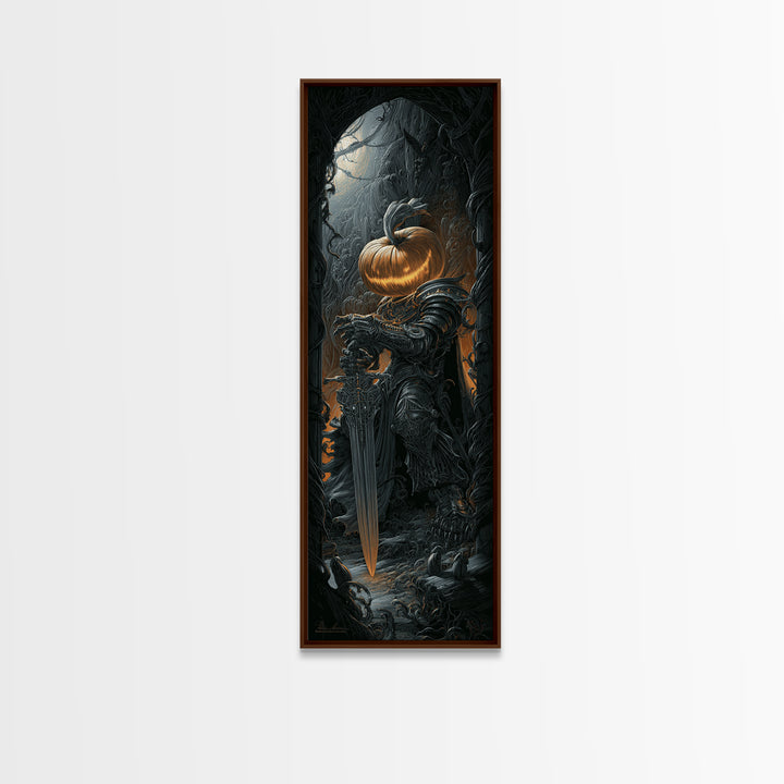 The Pumpkin Paladin, Biomechanical Horror Art, Tall Narrow Wall Art, Dark Fantasy Wall Art, Canvas Print, Halloween Wall Art