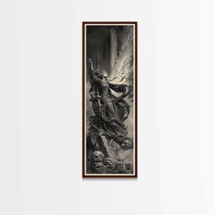 The Necromancer Queen, Gothic Engraving Art, Tall Narrow Wall Art, Dark Halloween Decor, Canvas Print, Halloween Wall Art