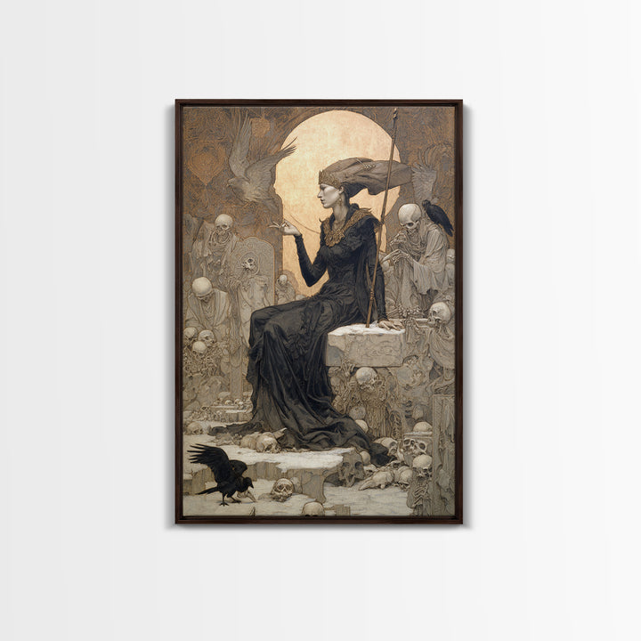 The Necromancer Queen, Symbolist Death Art, Vertical Wall Art, Dark Halloween Decor, Framed Canvas Print, Halloween Wall Art