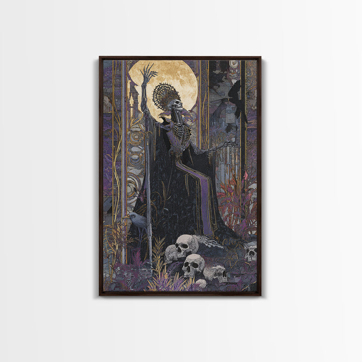 The Necromancer Queen, Stained Glass Gothic Art, Vertical Wall Art, Dark Halloween Decor, Framed Canvas Print, Halloween Wall Art