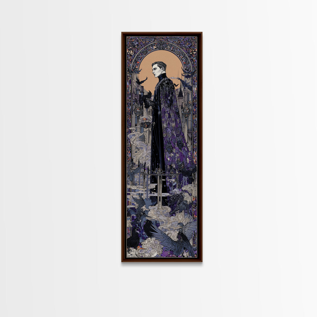 The Bat Prince, Stained Glass Gothic Art, Tall Narrow Wall Art, Macabre Wall Art, Framed Canvas Print, Halloween Wall Art