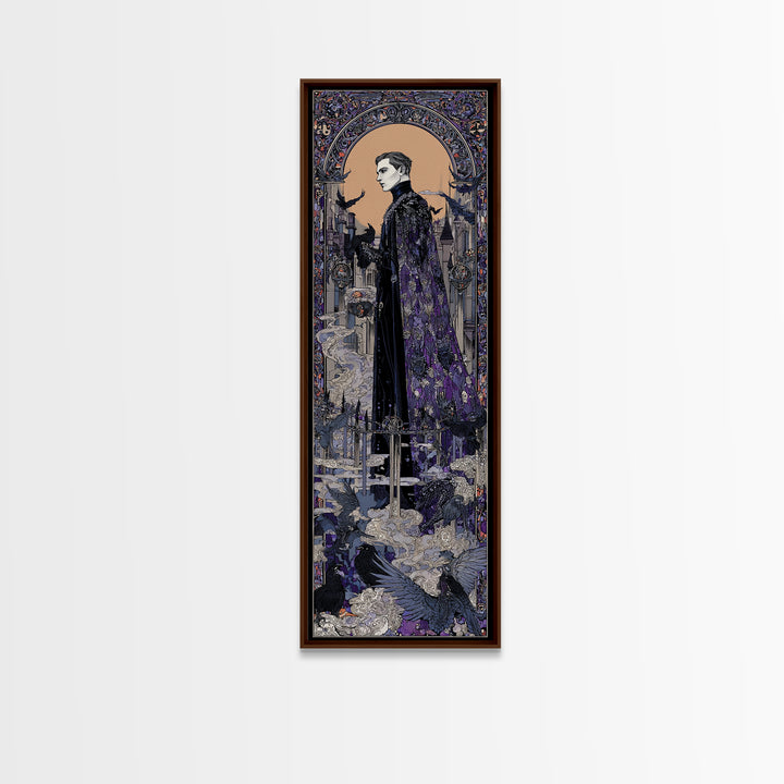 The Bat Prince, Stained Glass Gothic Art, Tall Narrow Wall Art, Macabre Wall Art, Framed Canvas Print, Halloween Wall Art