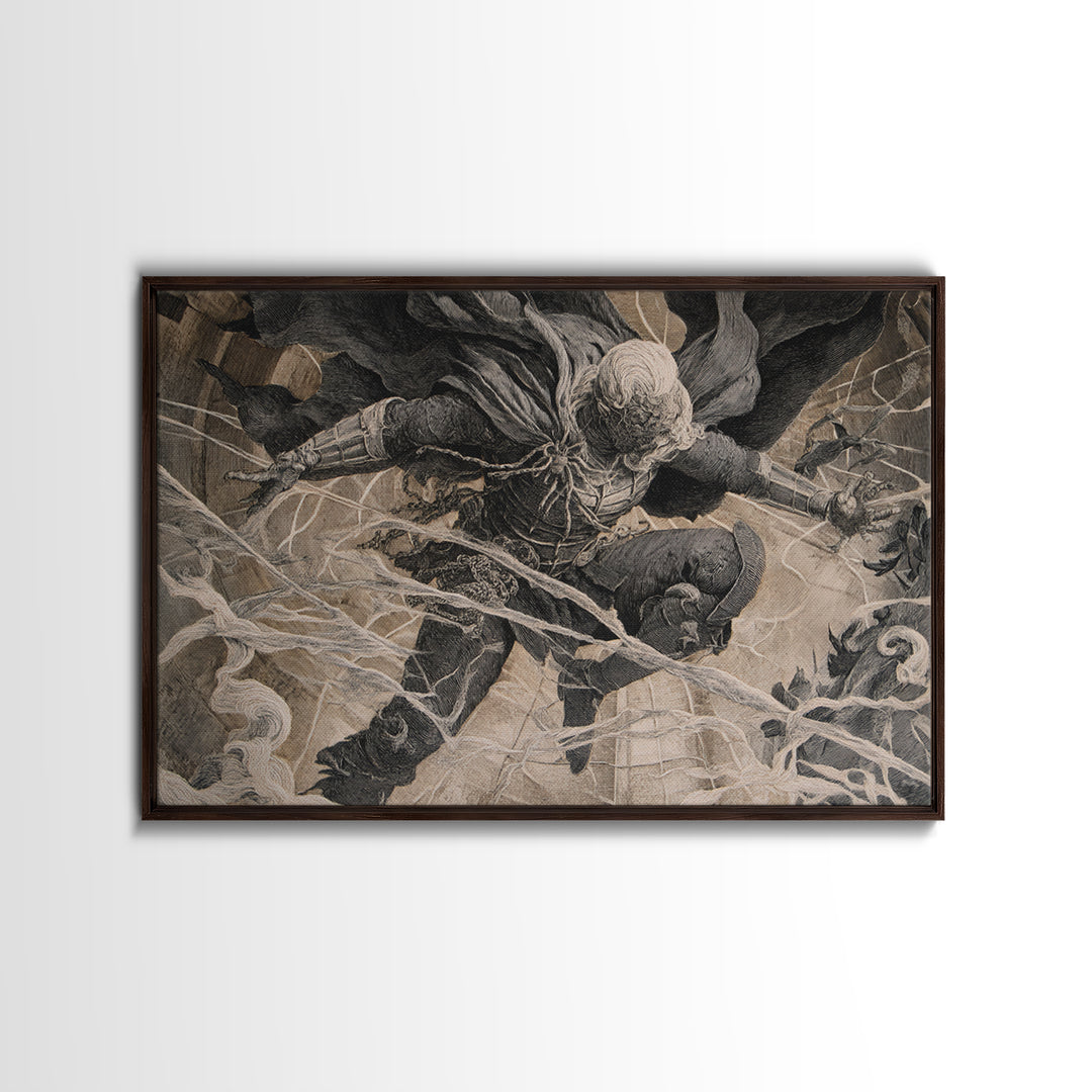 The Spider Knight, Architectural Etching Art, Landscape Wall Art, Macabre Wall Art, Framed Canvas Print, Halloween Wall Art