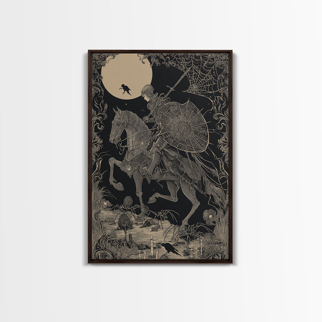 The Spider Knight, Decadent Line Art, Vertical Wall Art, Macabre Wall Art, Framed Canvas Print, Halloween Wall Art