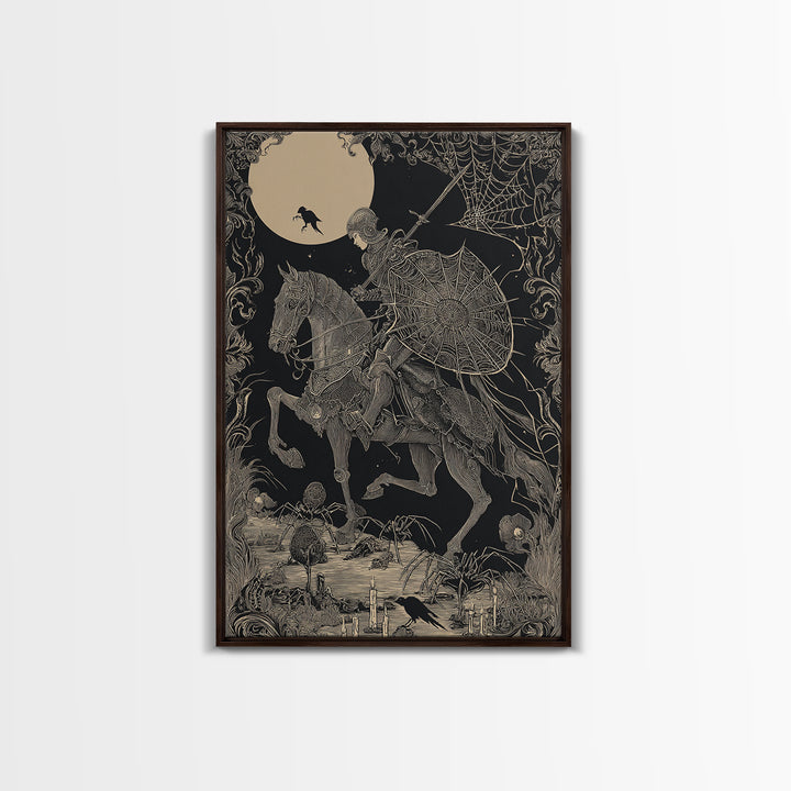 The Spider Knight, Decadent Line Art, Vertical Wall Art, Macabre Wall Art, Framed Canvas Print, Halloween Wall Art