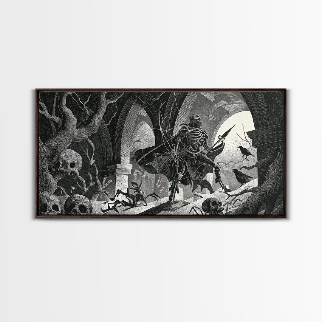 The Spider Knight, Macabre Folk Print Art, Wide Panoramic Art, Gothic Horror Wall Art, Framed Canvas Print, Halloween Wall Art