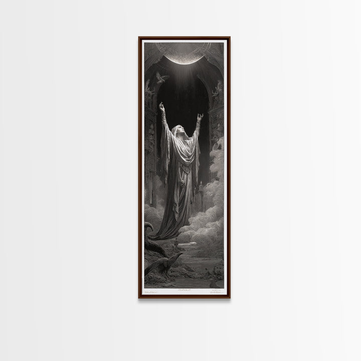 The Moon Priestess, Gothic Engraving Art, Tall Narrow Wall Art, Gothic Horror Wall Art, Canvas Print, Halloween Wall Art