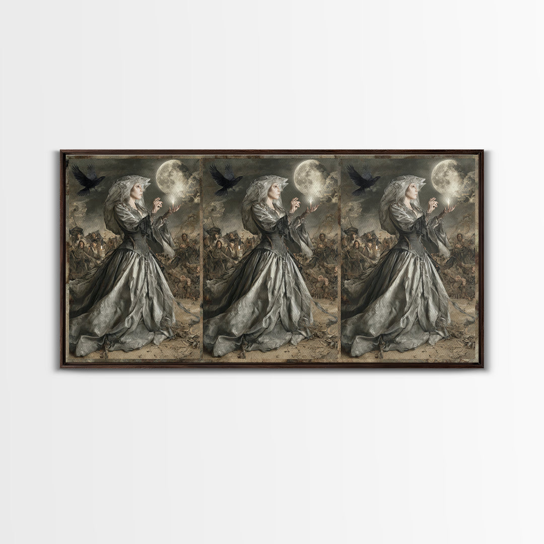 The Moon Priestess, Northern Renaissance Horror, Wide Panoramic Art, Macabre Wall Art, Framed Canvas Print, Halloween Wall Art