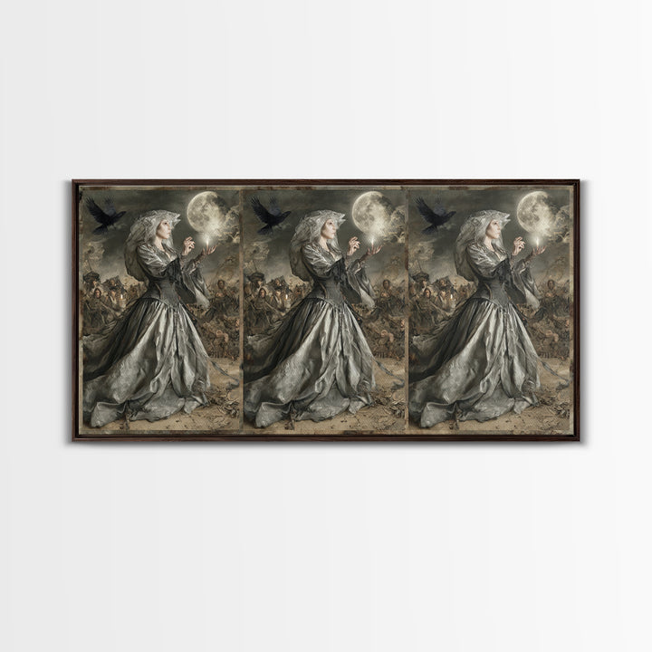 The Moon Priestess, Northern Renaissance Horror, Wide Panoramic Art, Macabre Wall Art, Framed Canvas Print, Halloween Wall Art