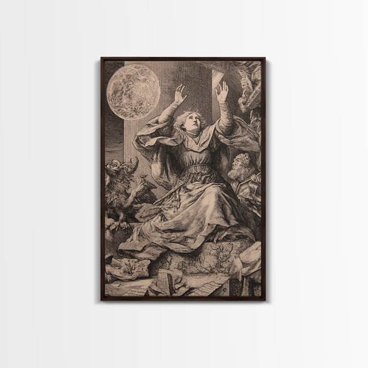 The Moon Priestess, Renaissance Engraving Art, Vertical Wall Art, Macabre Wall Art, Framed Canvas Print, Halloween Wall Art