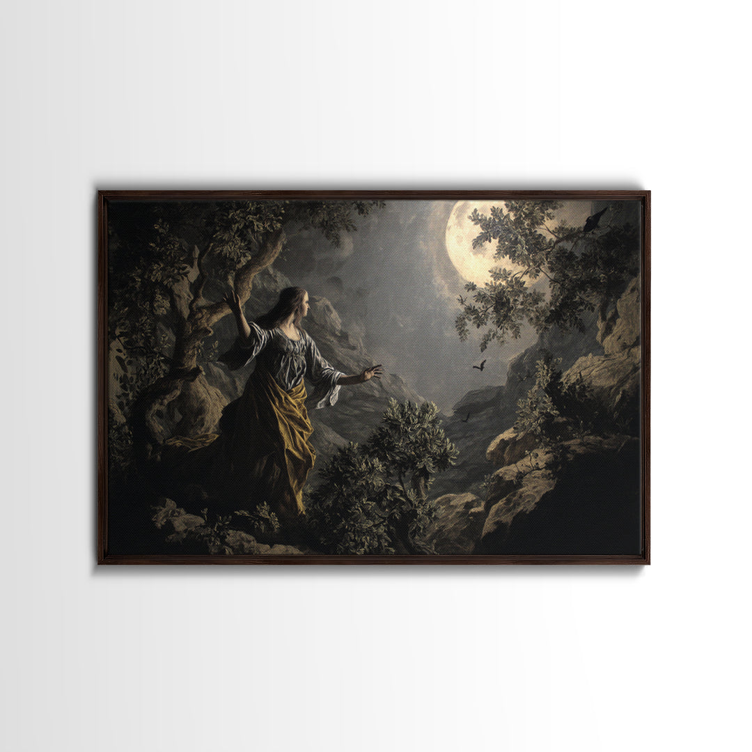 The Moon Priestess, Baroque Witchcraft Art, Landscape Wall Art, Dark Fantasy Wall Art, Framed Canvas Print, Halloween Wall Art