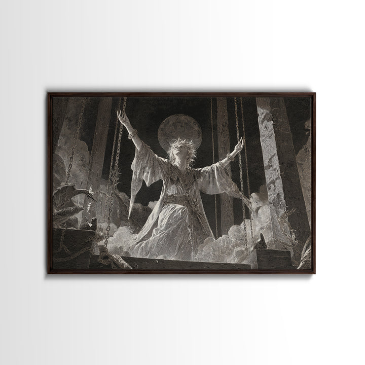 The Moon Priestess, Architectural Etching Art, Landscape Wall Art, Dark Fantasy Wall Art, Canvas Print, Halloween Wall Art