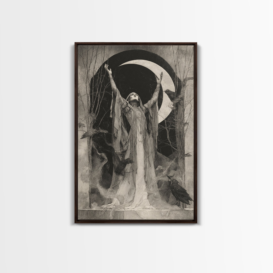 The Moon Priestess, Symbolist Dream Art, Vertical Wall Art, Macabre Wall Art, Framed Canvas Print, Halloween Wall Art