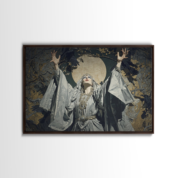The Moon Priestess, Symbolist Etching Art, Landscape Wall Art, Dark Halloween Decor, Canvas Print, Halloween Wall Art