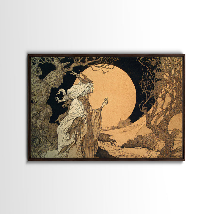 The Moon Priestess, Gothic Storybook Art, Landscape Wall Art, Macabre Wall Art, Framed Canvas Print, Halloween Wall Art