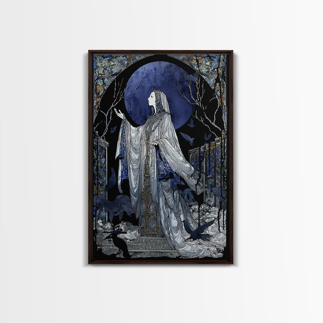 The Moon Priestess, Stained Glass Gothic Art, Vertical Wall Art, Macabre Wall Art, Framed Canvas Print, Halloween Wall Art