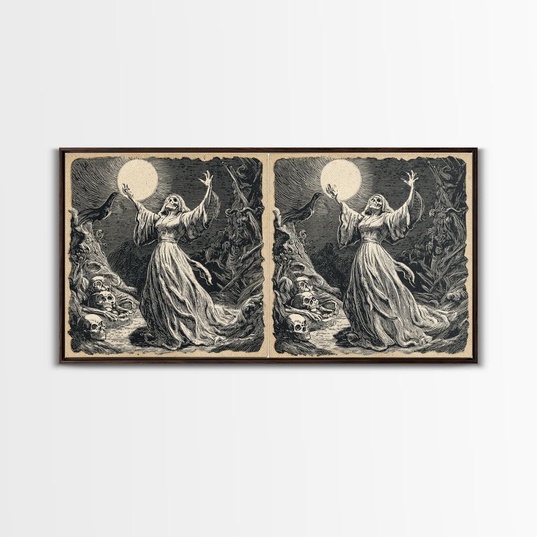 The Moon Priestess, Macabre Folk Print Art, Wide Panoramic Art, Macabre Wall Art, Canvas Print, Halloween Wall Art