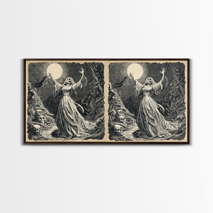 The Moon Priestess, Macabre Folk Print Art, Wide Panoramic Art, Macabre Wall Art, Canvas Print, Halloween Wall Art