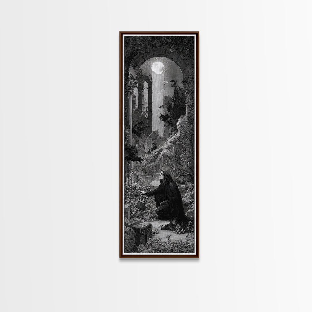The Graveyard Gardener, Gothic Engraving Art, Tall Narrow Wall Art, Macabre Wall Art, Framed Canvas Print, Halloween Wall Art