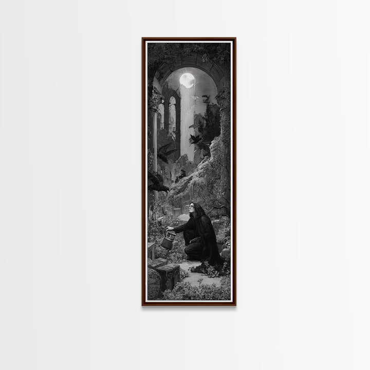 The Graveyard Gardener, Gothic Engraving Art, Tall Narrow Wall Art, Macabre Wall Art, Framed Canvas Print, Halloween Wall Art