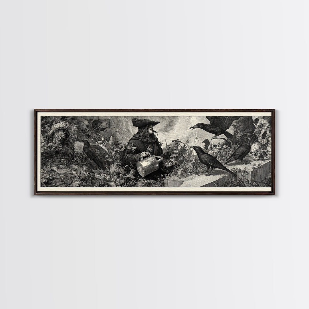The Graveyard Gardener, Renaissance Engraving Art, Extra Wide Wall Art, Gothic Horror Wall Art, Canvas Print, Halloween Wall Art