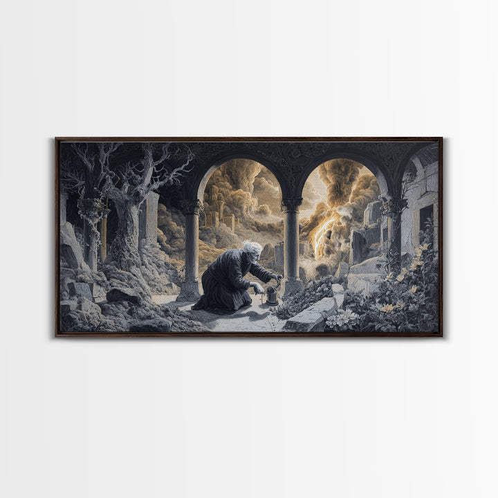 The Graveyard Gardener, Apocalyptic Romantic Art, Wide Panoramic Art, Dark Fantasy Wall Art, Framed Canvas Print, Halloween Wall Art