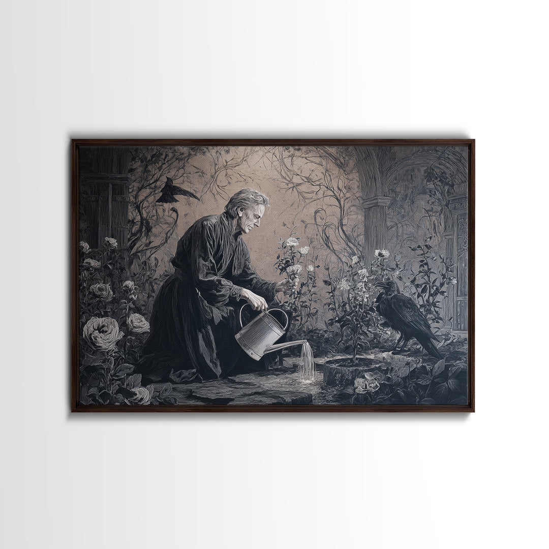 The Graveyard Gardener, Dark Symbolist Art, Landscape Wall Art, Dark Fantasy Wall Art, Framed Canvas Print, Halloween Wall Art
