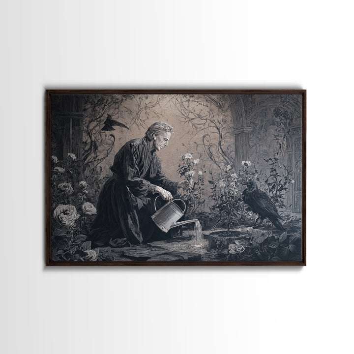 The Graveyard Gardener, Dark Symbolist Art, Landscape Wall Art, Dark Fantasy Wall Art, Framed Canvas Print, Halloween Wall Art
