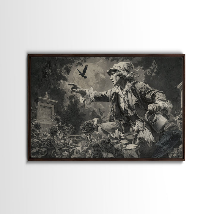 The Graveyard Gardener, Symbolist Etching Art, Landscape Wall Art, Dark Halloween Decor, Canvas Print, Halloween Wall Art