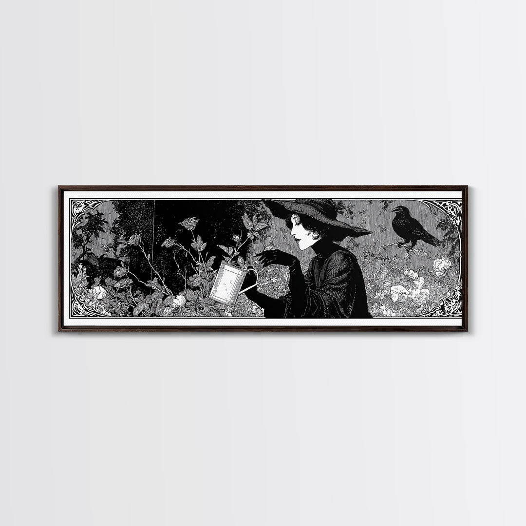 The Graveyard Gardener, Decadent Line Art, Extra Wide Wall Art, Gothic Horror Wall Art, Framed Canvas Print, Halloween Wall Art