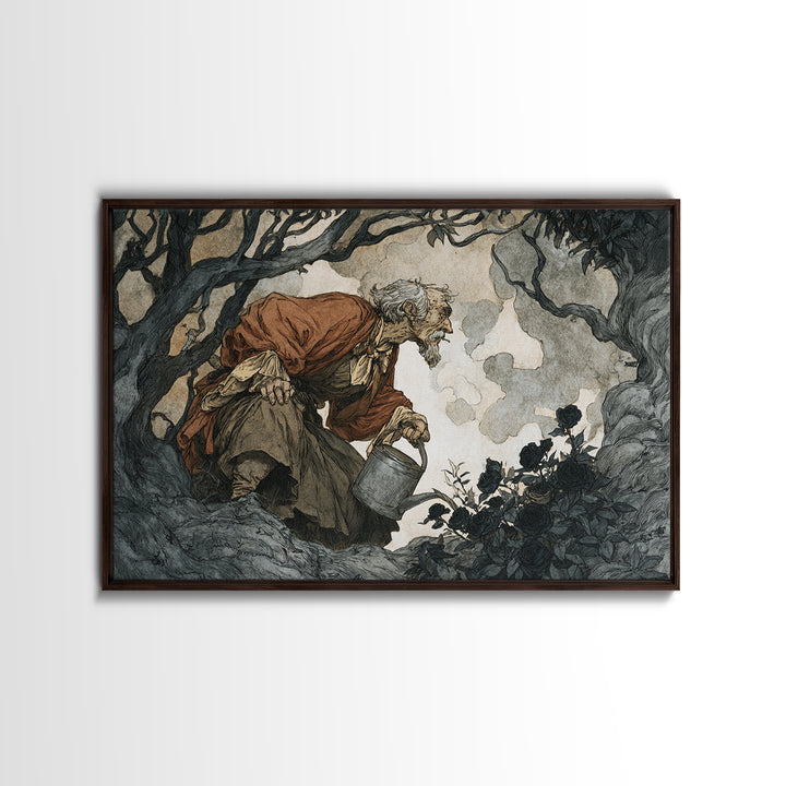 The Graveyard Gardener, Gothic Storybook Art, Landscape Wall Art, Dark Fantasy Wall Art, Canvas Print, Halloween Wall Art