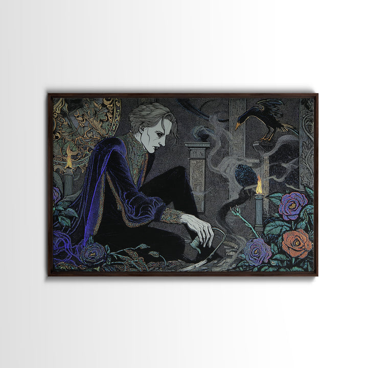 The Graveyard Gardener, Stained Glass Gothic Art, Landscape Wall Art, Macabre Wall Art, Framed Canvas Print, Halloween Wall Art