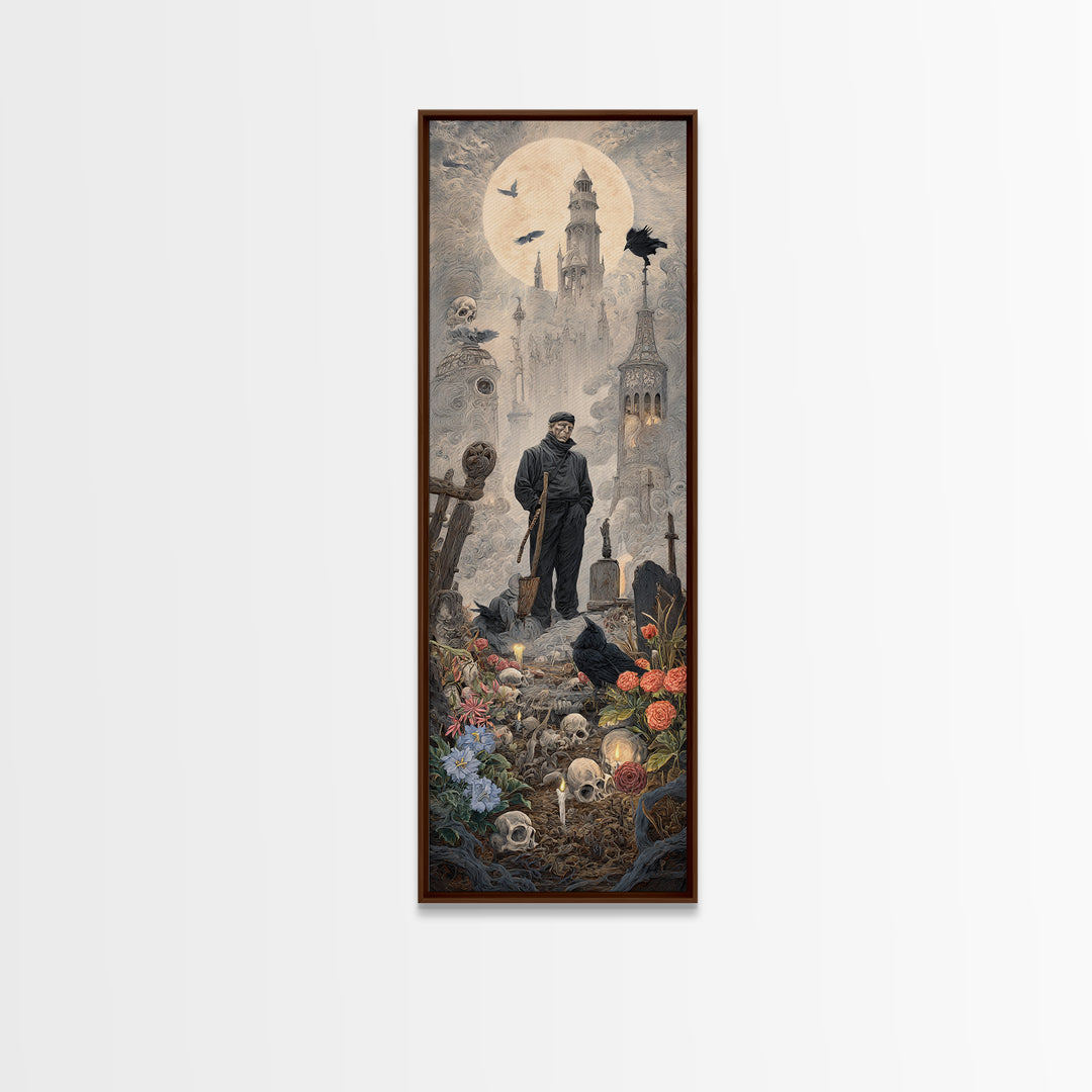 The Graveyard Gardener, Surreal Apocalyptic Art, Tall Narrow Wall Art, Dark Halloween Decor, Canvas Print, Halloween Wall Art