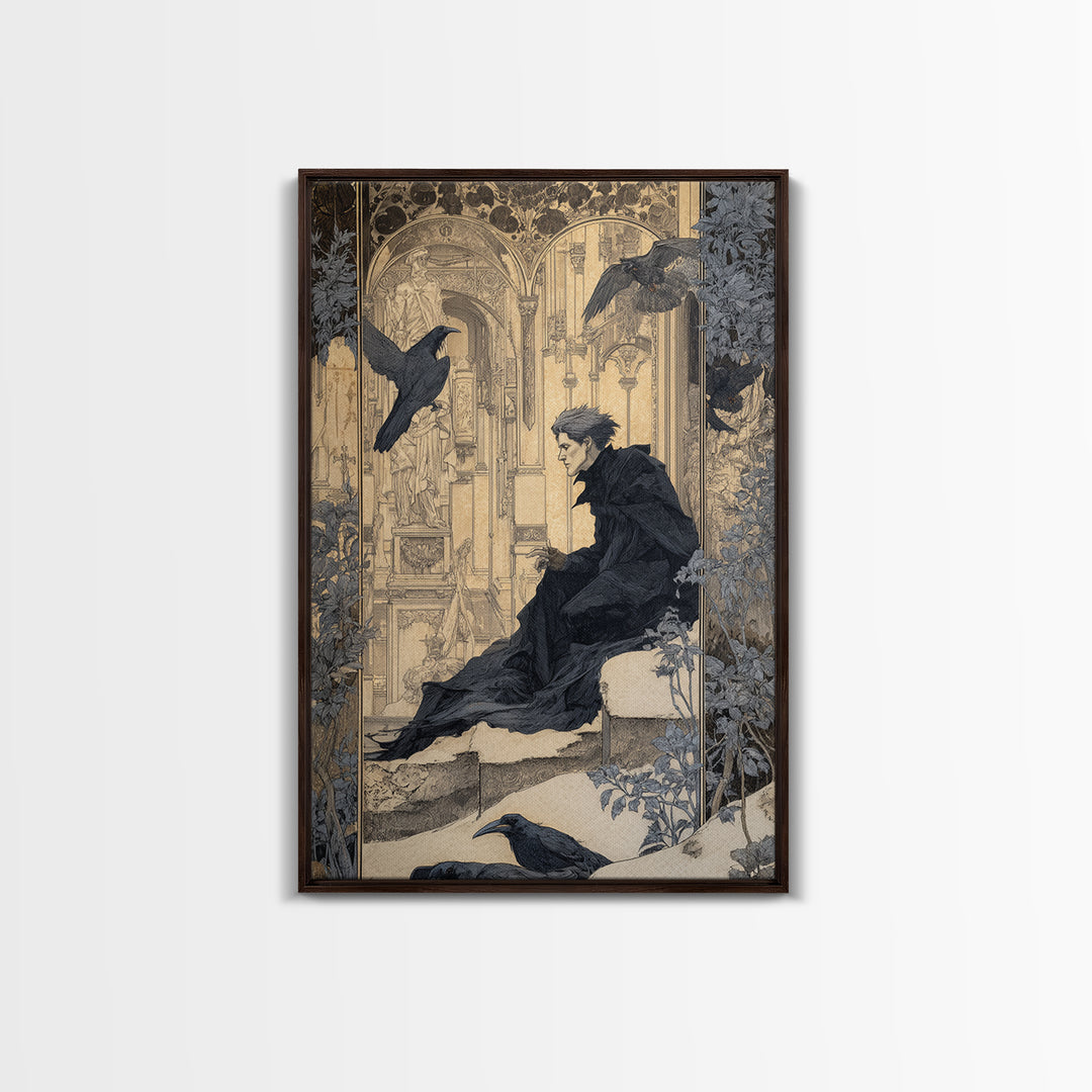 The Crow-Masked Assassin, Symbolist Death Art, Vertical Wall Art, Macabre Wall Art, Framed Canvas Print, Halloween Wall Art