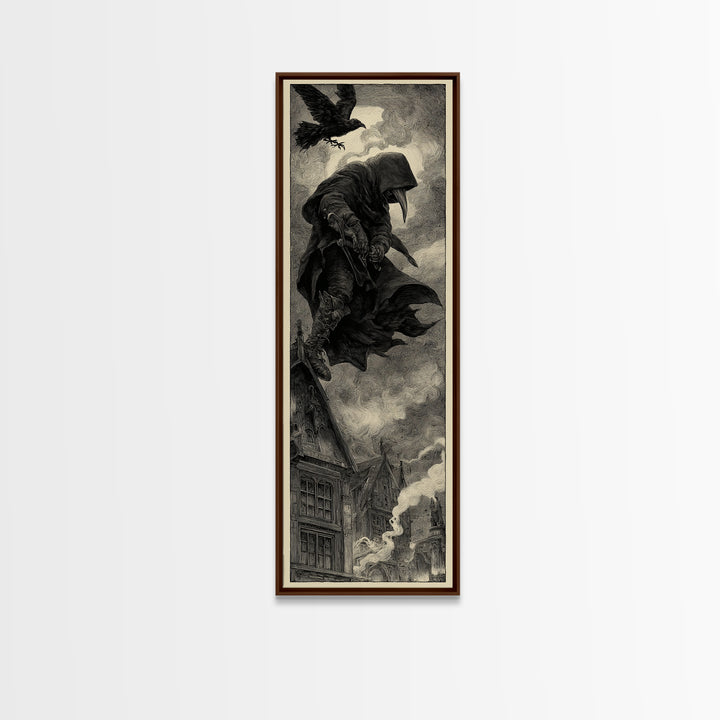 The Crow-Masked Assassin, Expressionist Nightmare Art, Tall Narrow Wall Art, Macabre Wall Art, Framed Canvas Print, Halloween Wall Art