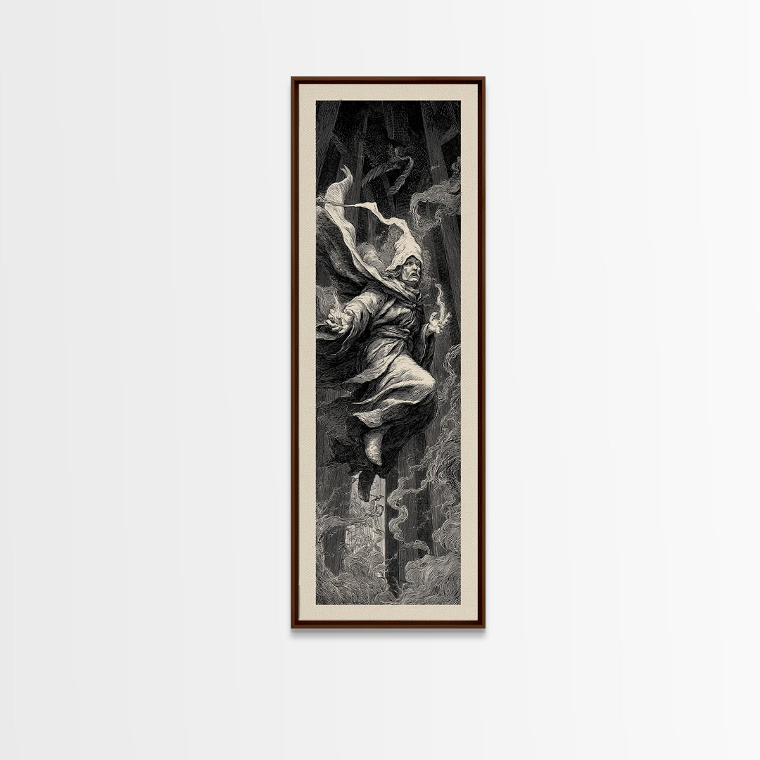 The Lantern Mage, Gothic Engraving Art, Tall Narrow Wall Art, Macabre Wall Art, Framed Canvas Print, Halloween Wall Art